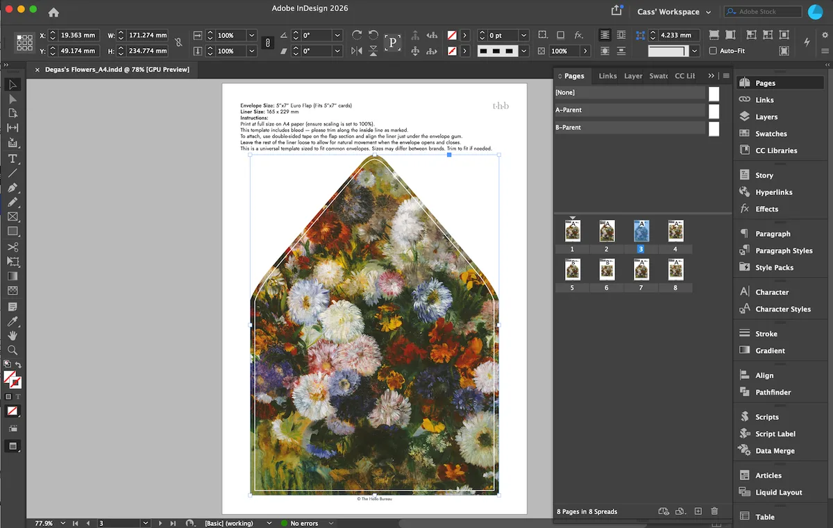 Envelope liner template with a fine art floral design open in Adobe InDesign.